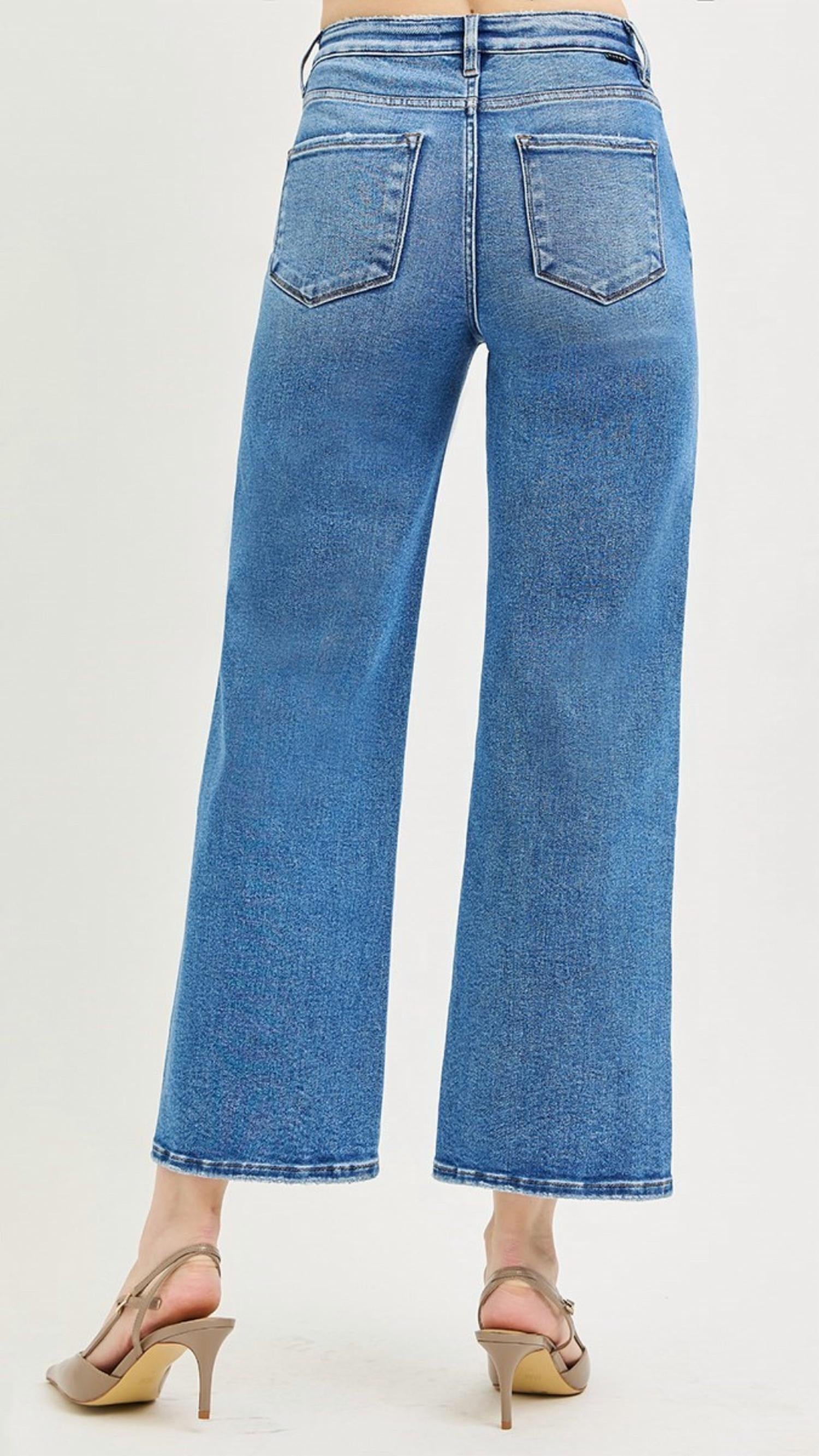Risen - High Rise Tummy Control Crop Wide Leg Jeans