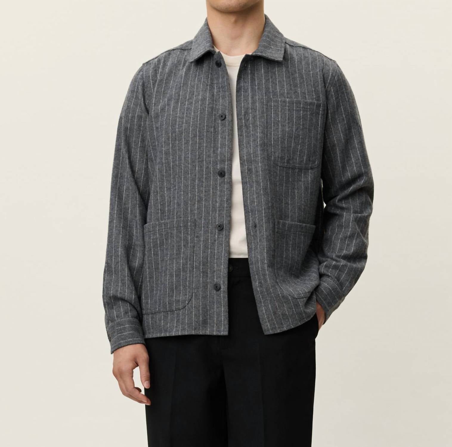 Les Deux Layton Pinstripe Mouliné Overshirt in grey - men's shirt
