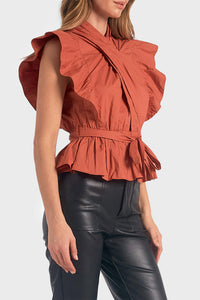 Elan - Wrap Top With Flutter Pleated Sleeve