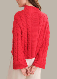 525 America Adalynn Oversized Chunky Cable Mock Neck Pullover Sweater in true red - women's sweater - detail view
