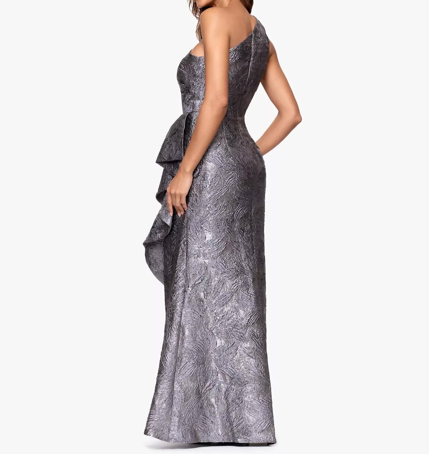 Xscape - One Shoulder Ruffle Floor Length Jacquard Dress