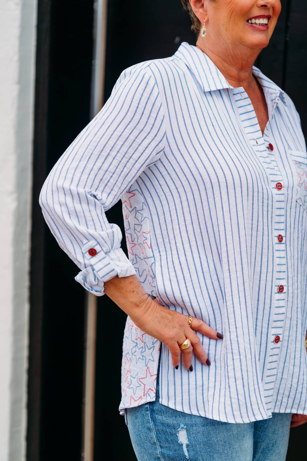 Multiples - Roll Tab Button Front Crinkle Woven Shirt