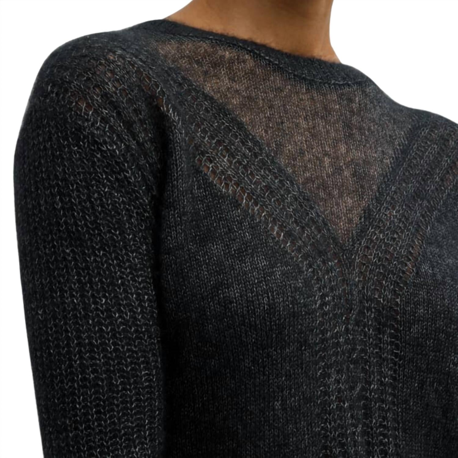 Autumn Cashmere Shaker Cable Crew Sweater With Sheer Yoke in black 1 - women's long sleeve top - alternate view