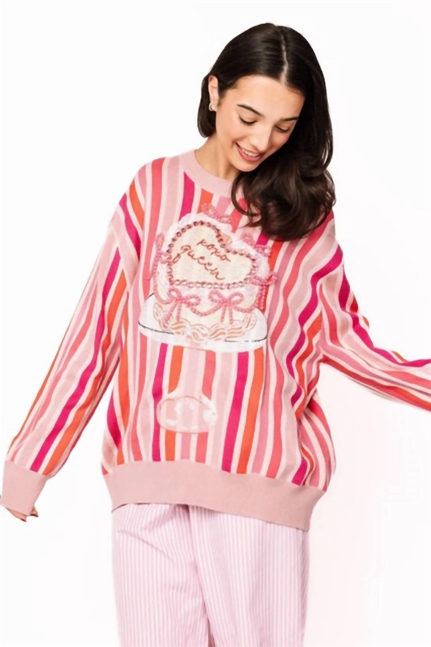 Queen Of Sparkles - Striped Xoxo Queen Heart Cake Sweater