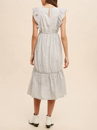 IN-LOOM Eyelet Flutter Sleeve Embroidered Midi Dress in dove grey - women's dress - detail view