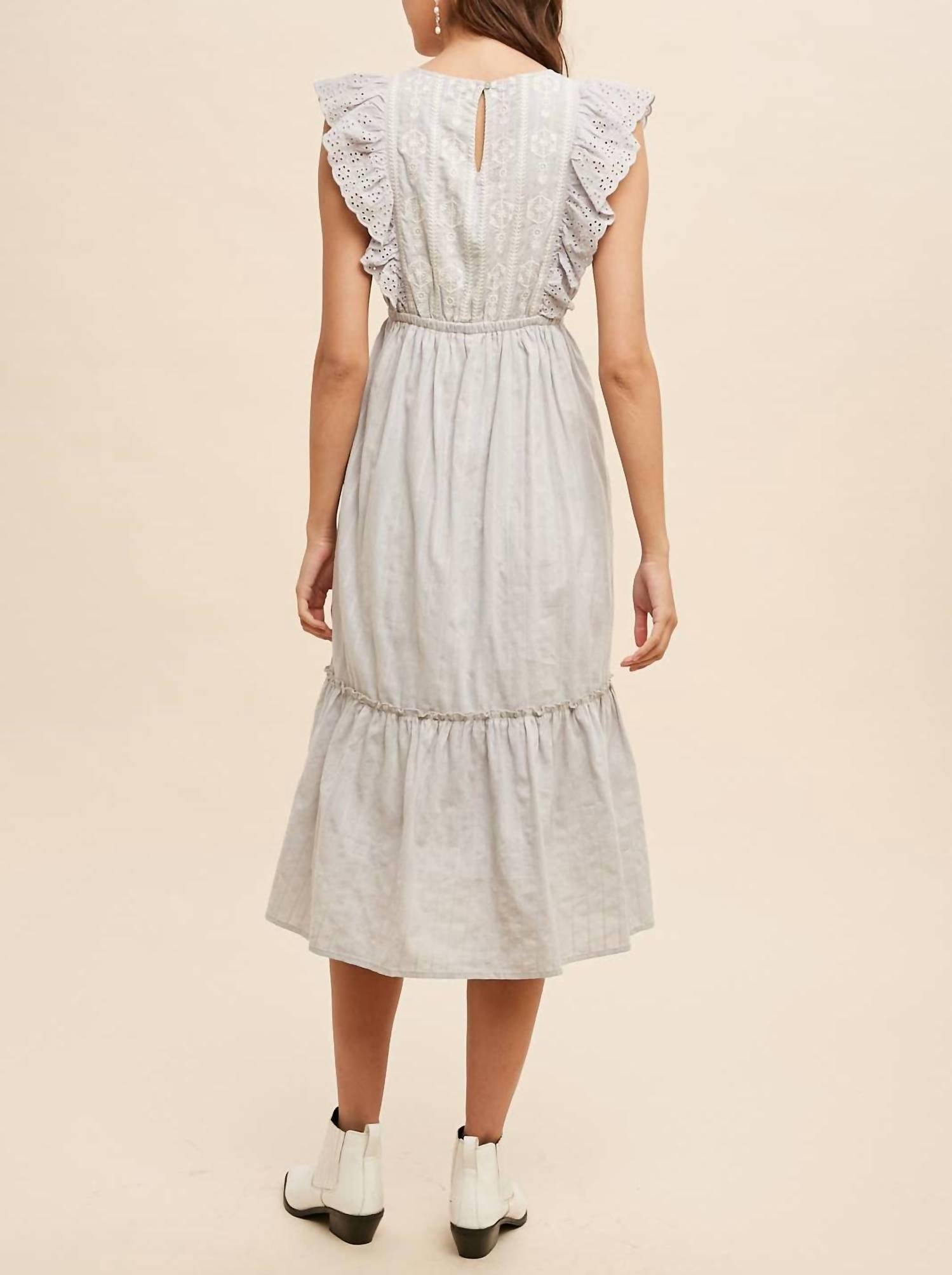 IN-LOOM Eyelet Flutter Sleeve Embroidered Midi Dress in dove grey - women's dress - detail view