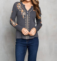PAPARAZZI Thermal Knit Embroidered Henley Top in charcoal - women's blouse