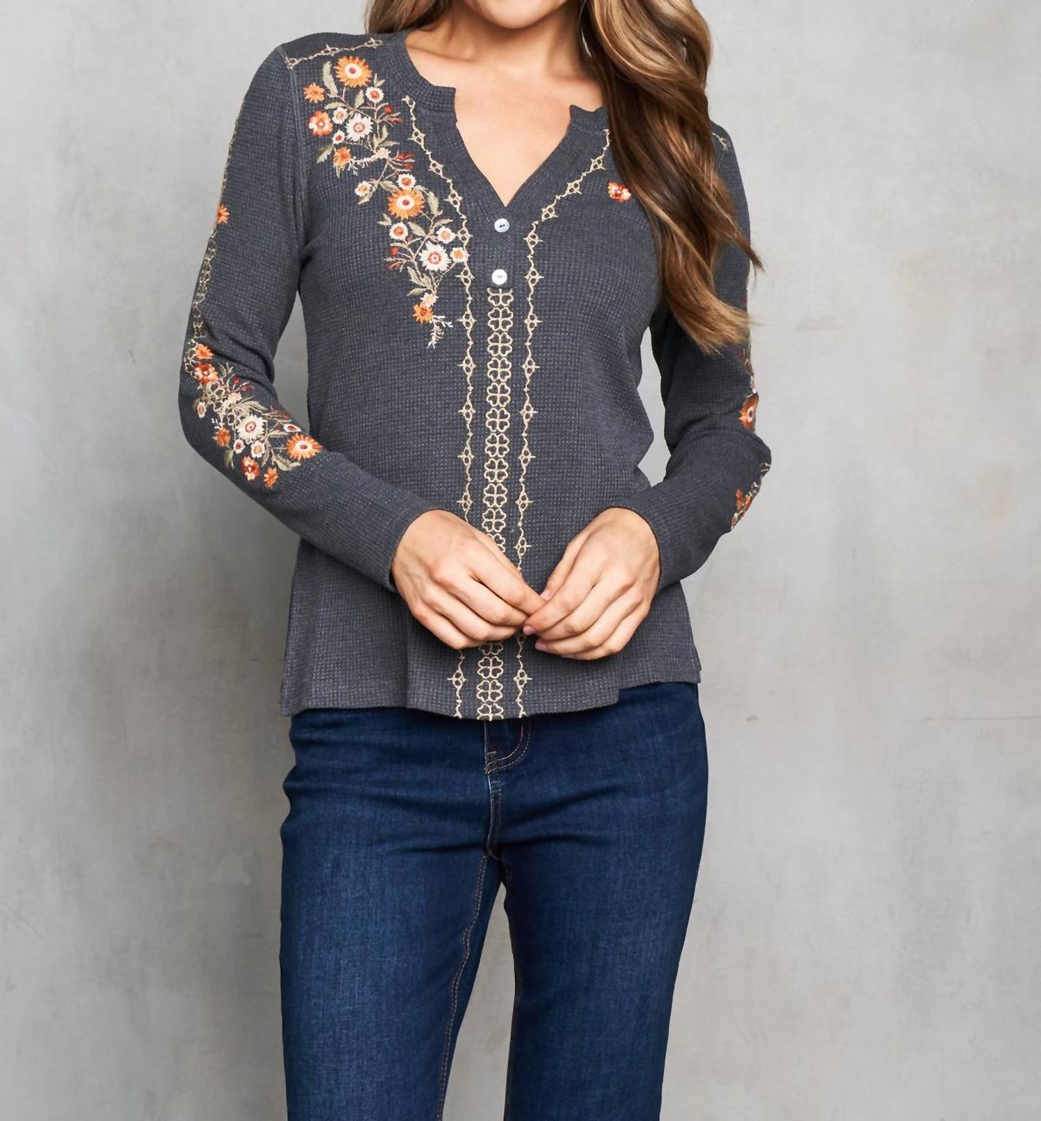 PAPARAZZI Thermal Knit Embroidered Henley Top in charcoal - women's blouse