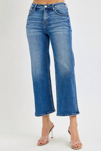 Risen - Tummy Control Elastic Band Mid-rise Crop Wide Leg Jeans