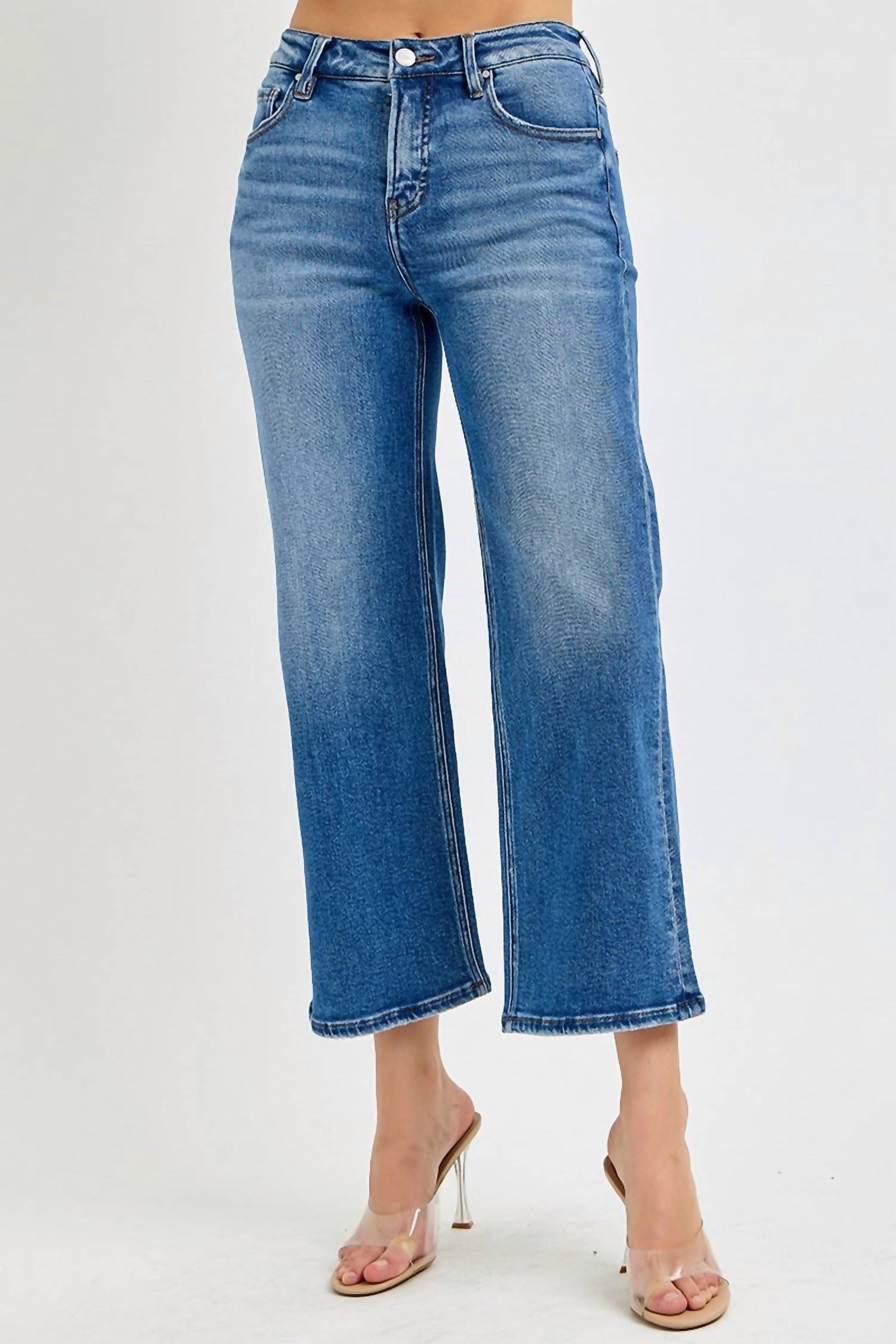 Risen - Tummy Control Elastic Band Mid-rise Crop Wide Leg Jeans
