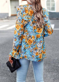 Epretty - Bright Floral Print Smocked Ruffle Trim Blouse