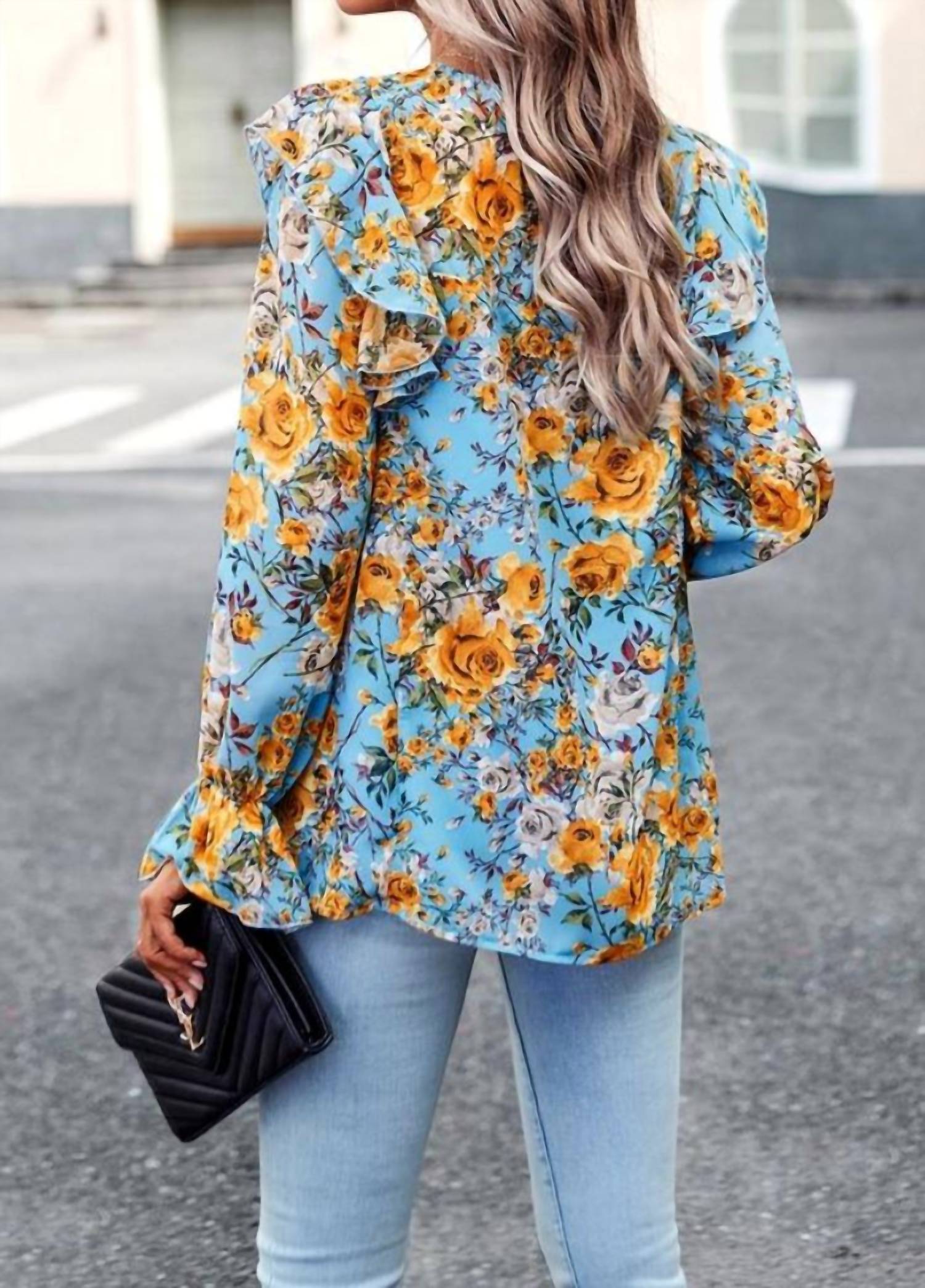 Epretty - Bright Floral Print Smocked Ruffle Trim Blouse