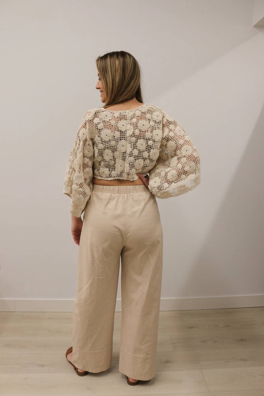 Mustard Seed - Solid Crochet Floral Tie Front Crop Top