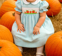 Petit Ami Zubels Kid's Fall Pumpkin Dress in light blue - kids' dress - detail view