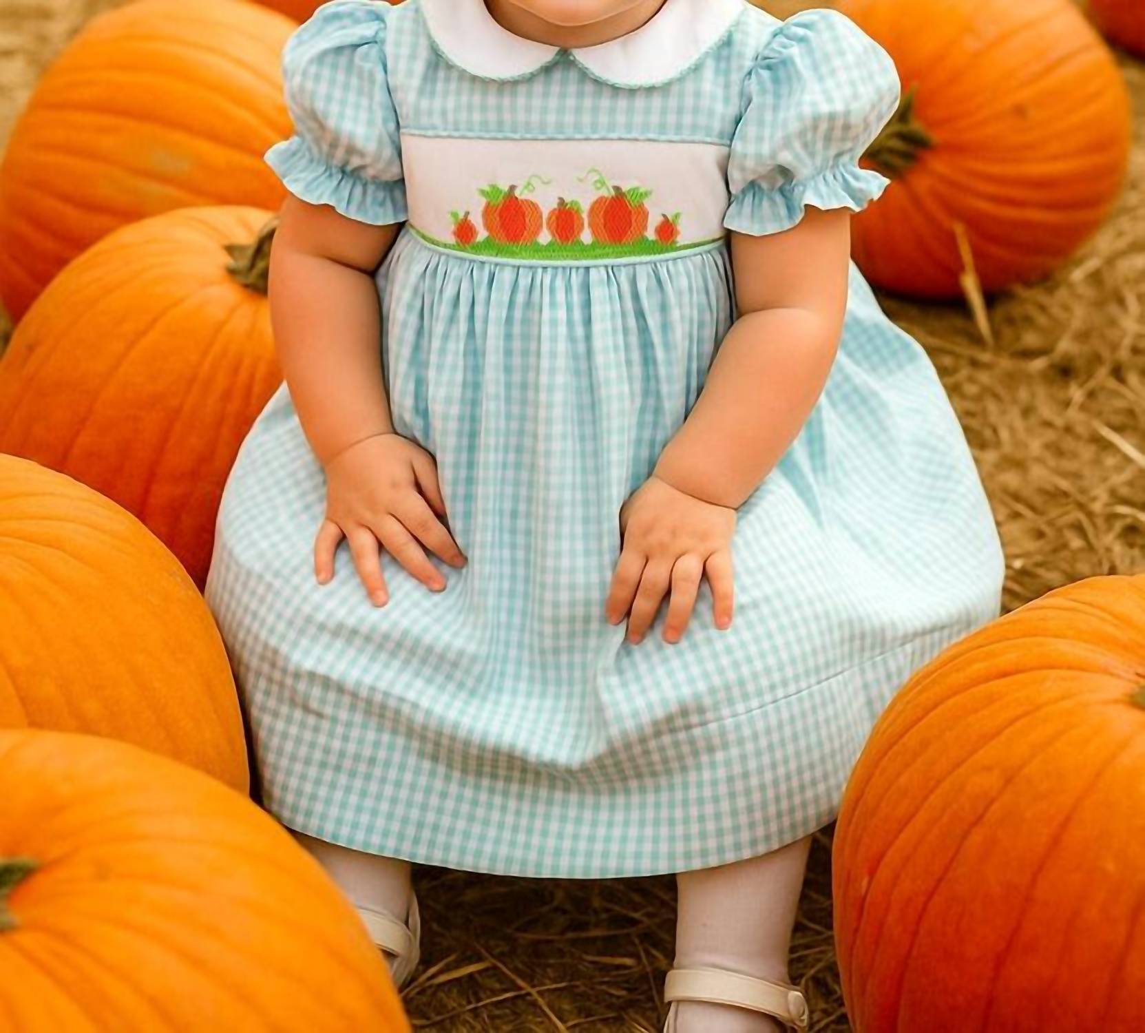 Petit Ami Zubels Kid's Fall Pumpkin Dress in light blue - kids' dress - detail view
