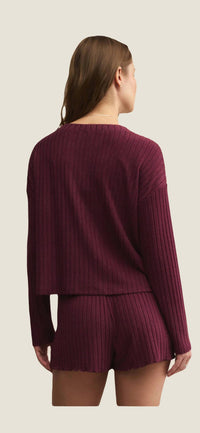 Z Supply Mara Ribbed Cardigan in merlot - women's cardigan - detail view