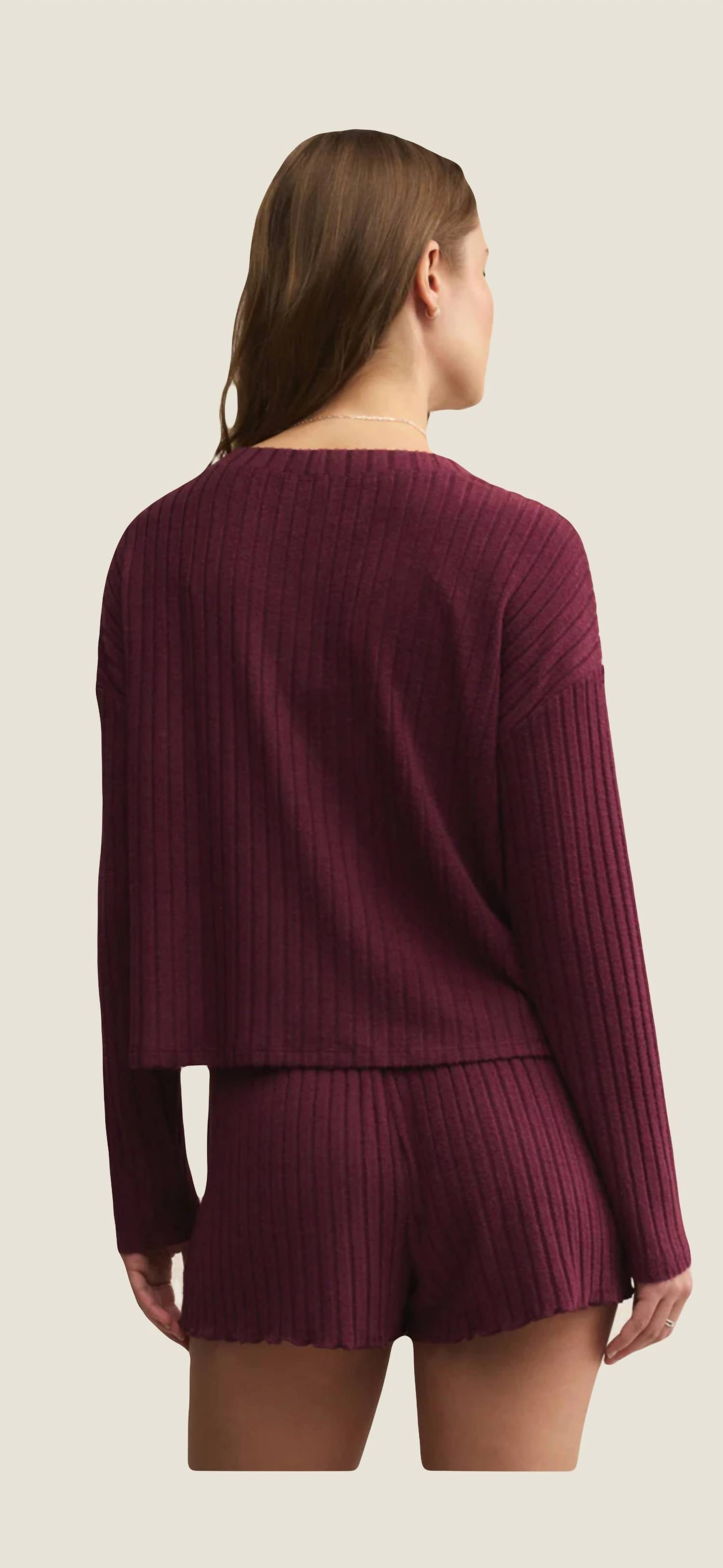 Z Supply Mara Ribbed Cardigan in merlot - women's cardigan - detail view