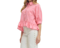 Entro - Quarter Sleeve Button Down Ruffle Hem Blouse - Plus