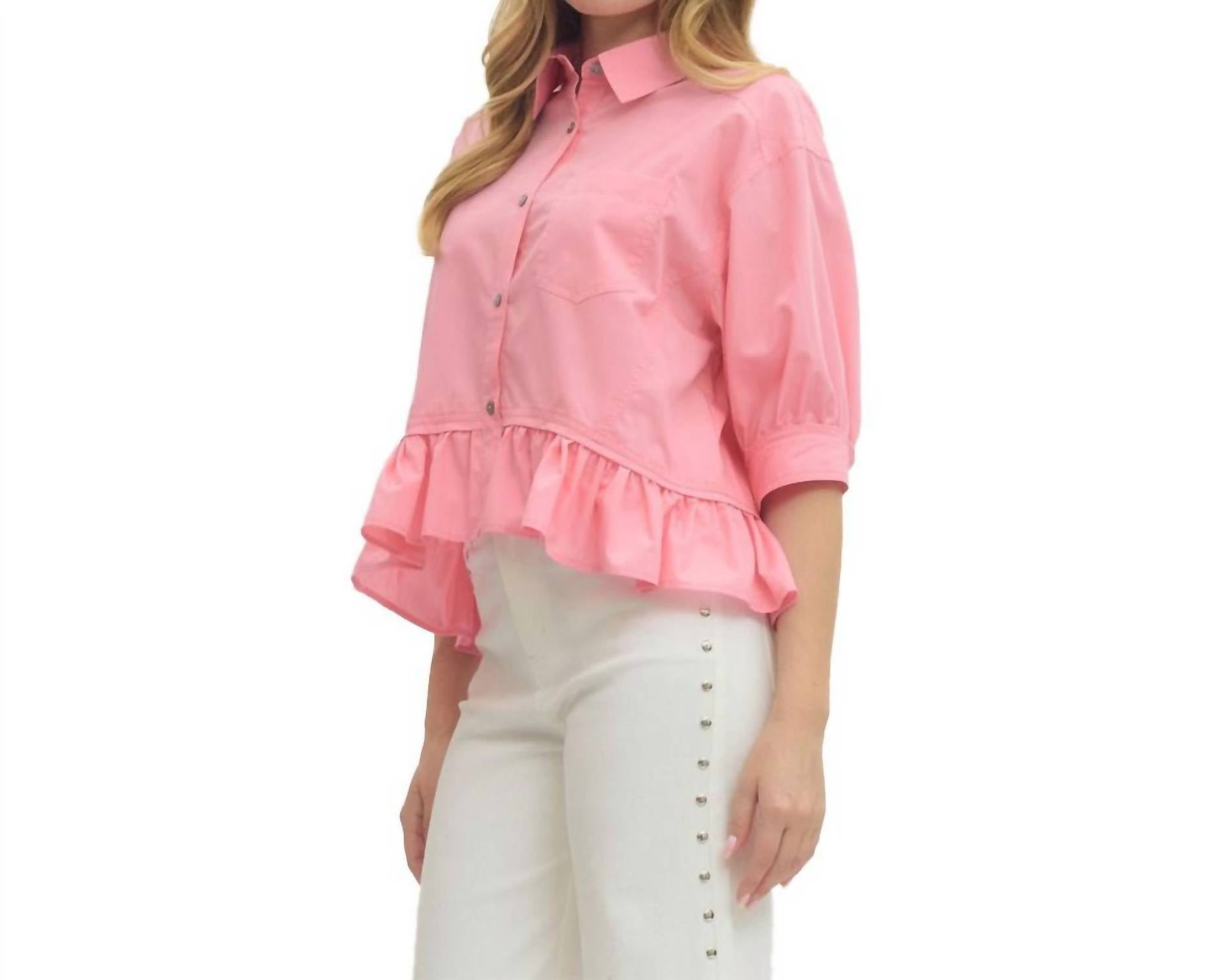 Entro - Quarter Sleeve Button Down Ruffle Hem Blouse - Plus