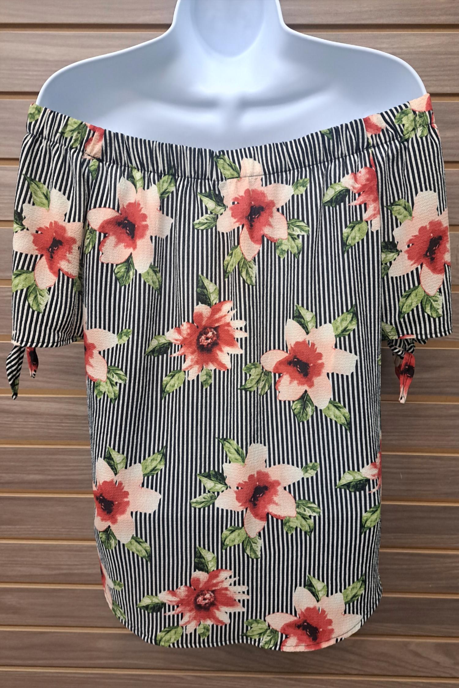 Jodifl - Women's Floral Stripe Off Shoulder Tie Sleeve