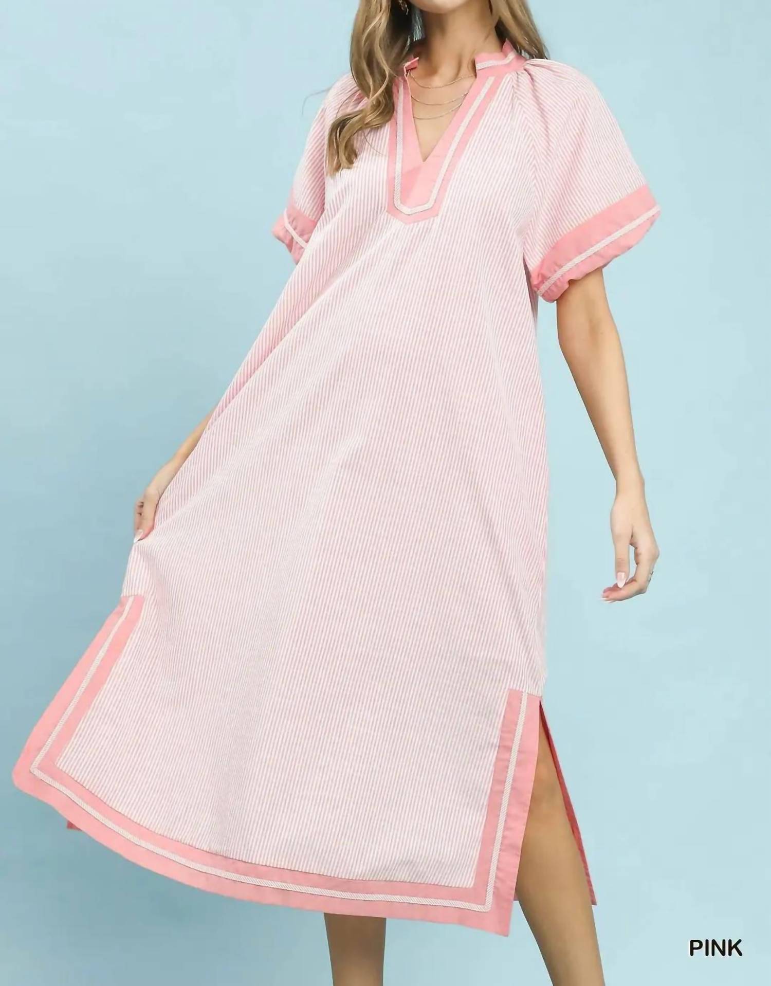 Umgee - Free Spirit Pinstripe Contrast Trim Midi Dress