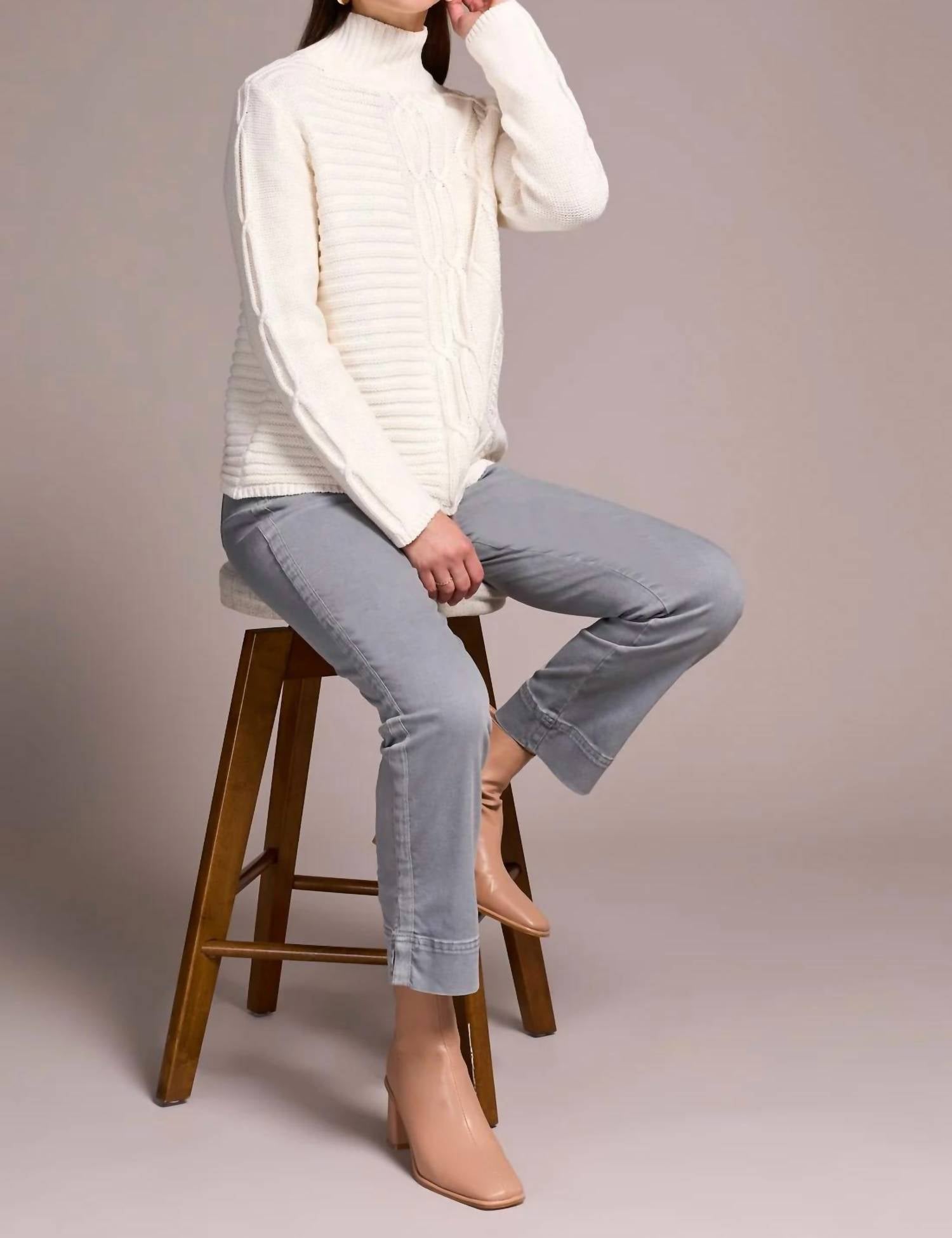 TRIBAL Vintage Washed Cable Knit Mock Neck Sweater in cream - women's sweater - view 4