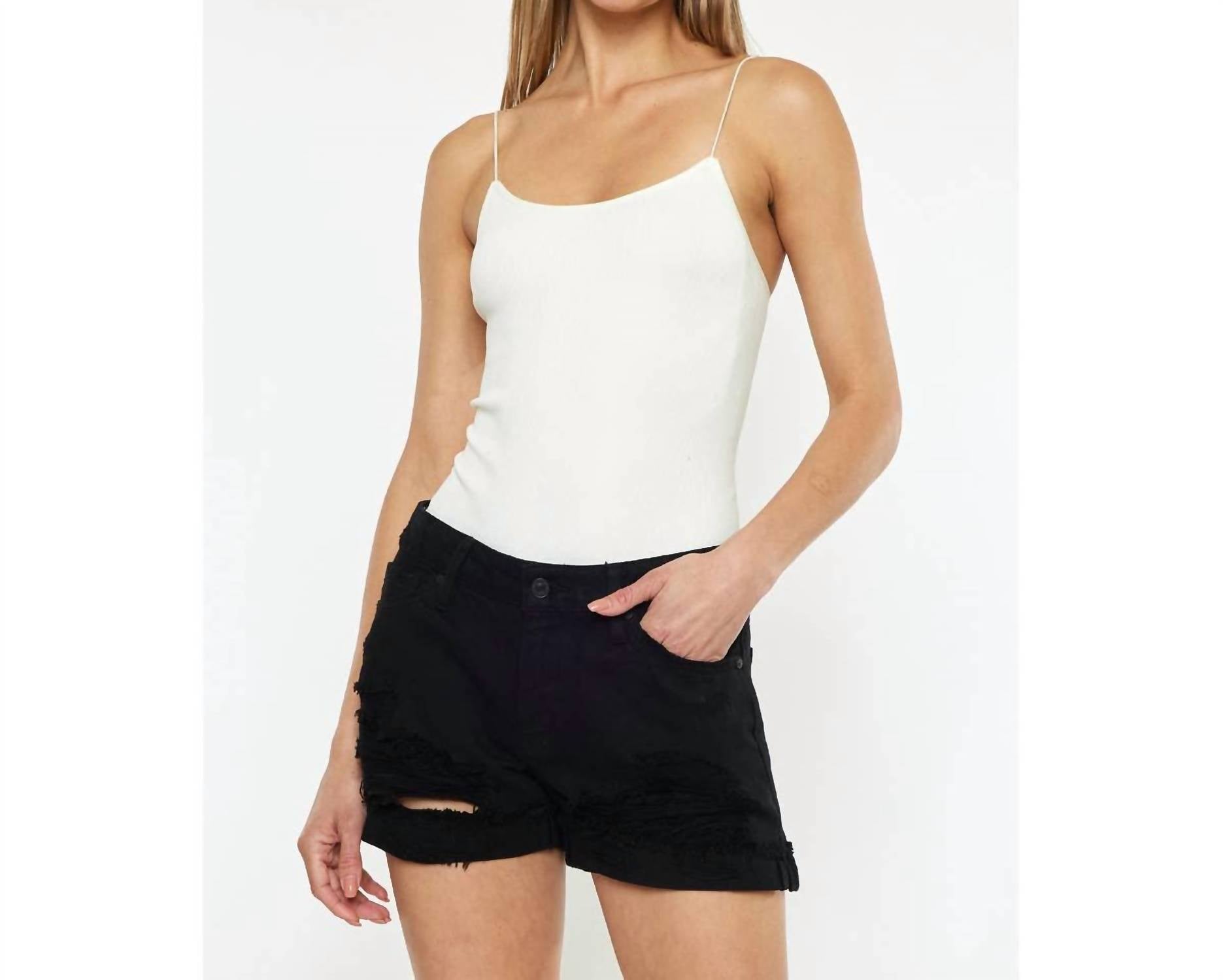 KanCan Denim Mid Rise With Rigid Ends Short in black - women's shorts