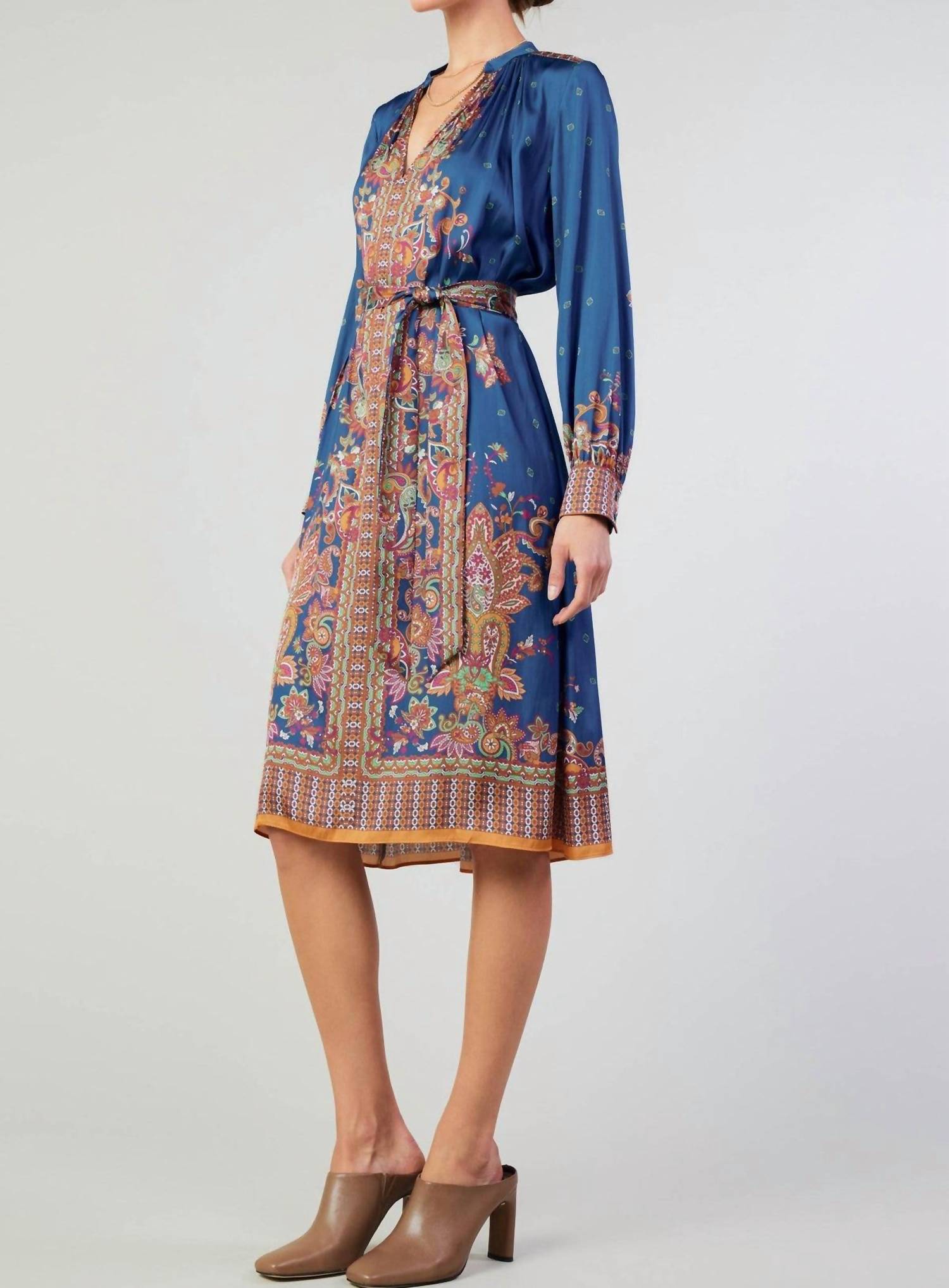 current air Border Print Long Sleeve Dress and Sash in navy - women's dress - view 4