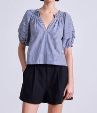 APIECE APART Caminitas Puff Sleeve Top in skinny stripes indigo cream - women's blouse