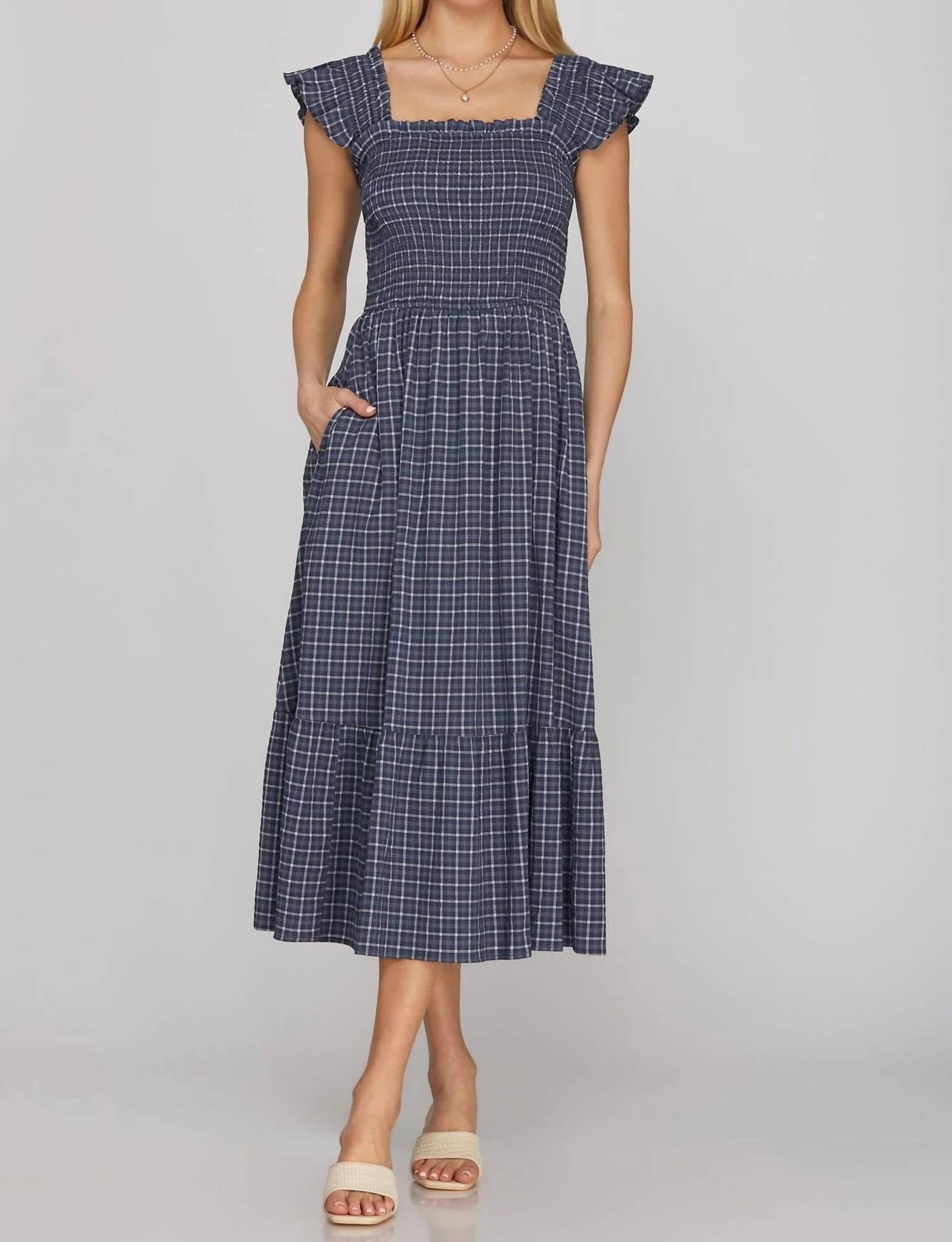 She + Sky - Ruffle Strap Check Smocked Midi Dress