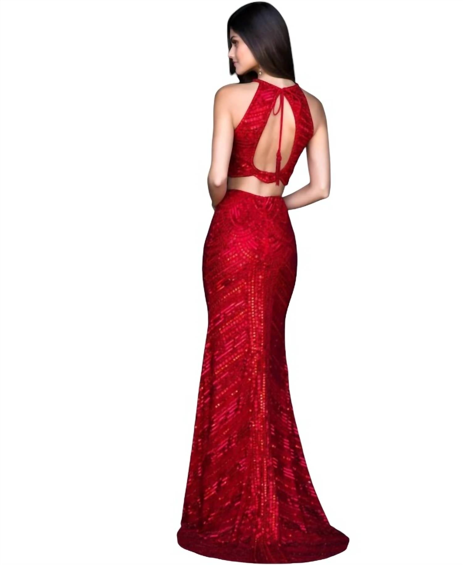 Sherri Hill Two Piece Sequin Gown in red - women's dress - alternate view
