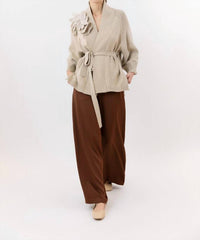 Psophia Tie Front Long Cardigan in ivory - women's cardigan - alternate view