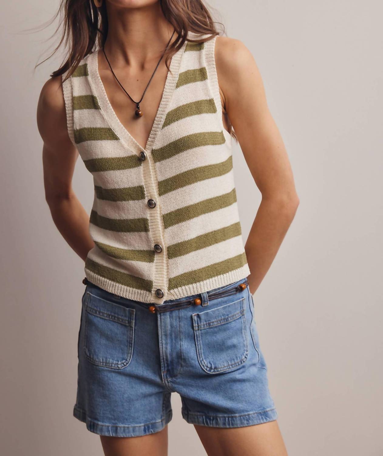 Forte Striped Button-front Knit Vest Top in sage - women's tank top - detail view