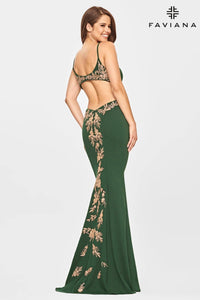 FAVIANA Jersey Cutout With Applique Gown in emerald gold - women's dress - alternate view