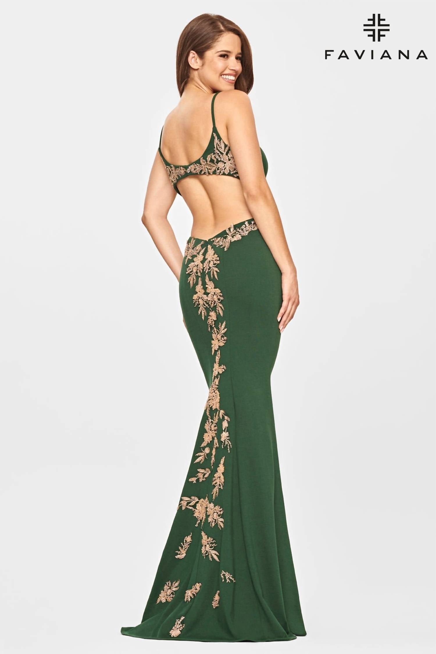 FAVIANA Jersey Cutout With Applique Gown in emerald gold - women's dress - alternate view
