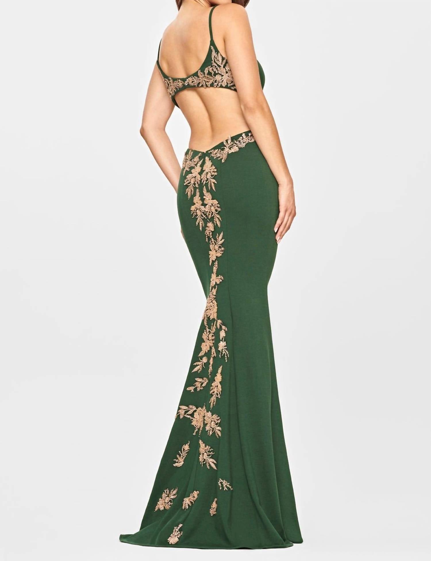 FAVIANA Jersey Cutout With Applique Gown in emerald gold - women's dress - detail view