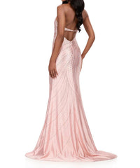 ASHLEYlauren Fitted Jersey Open Back Prom Gown in champagne - women's dress - detail view