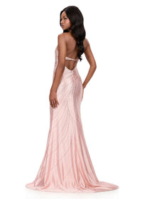 ASHLEYlauren Fitted Jersey Open Back Prom Gown in champagne - women's dress - alternate view
