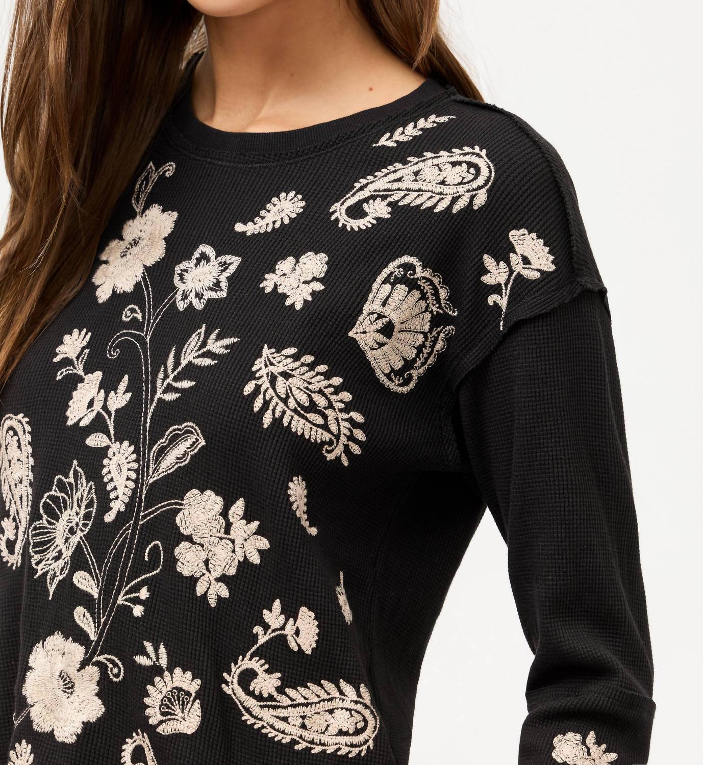 Johnny Was PATCHWORK THERMAL DANIELA TOP in black - women's long sleeve top - alternate view