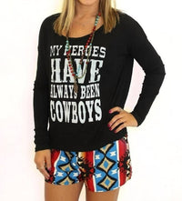 Southern Jewelz My Heroes Have Always Been Cowboys Tee in black - women's long sleeve top