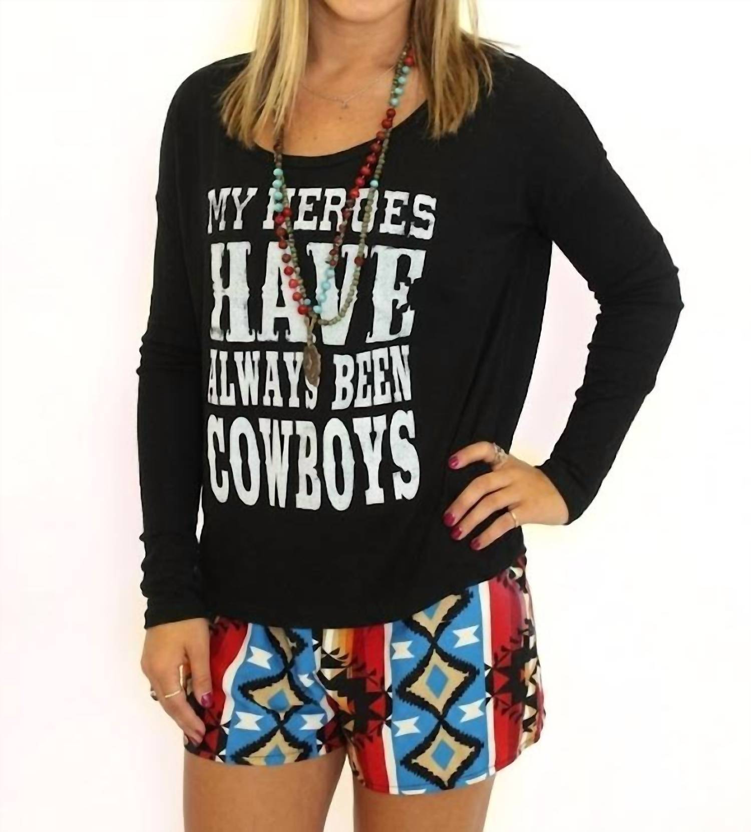 Southern Jewelz My Heroes Have Always Been Cowboys Tee in black - women's long sleeve top