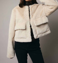 Sunday Edition Cropped Long Sleeve Fur Coat in beige - women's jacket - detail view
