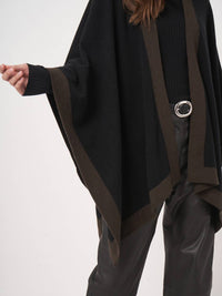 REPEAT cashmere Cashmere Blend Poncho With Contrast Border in black brown - women's sweater - alternate view
