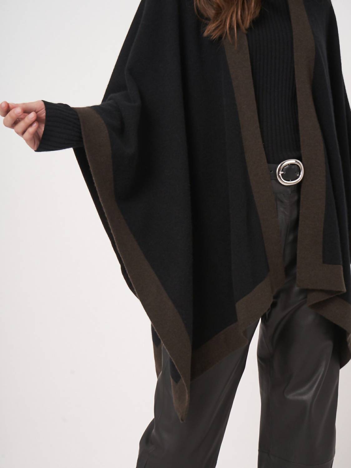 REPEAT cashmere Cashmere Blend Poncho With Contrast Border in black brown - women's sweater - alternate view
