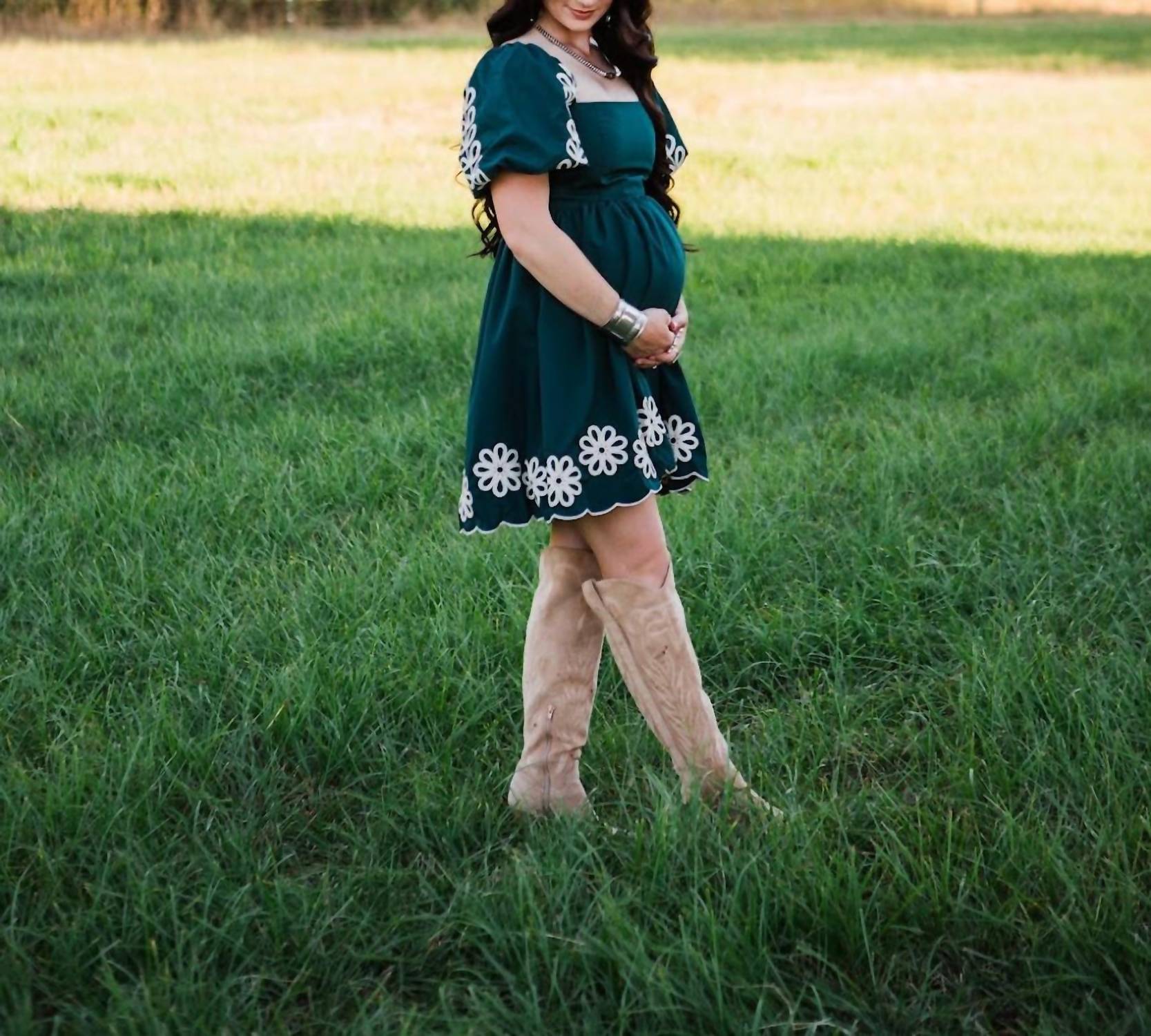 SHE + SKY Ash Puff Sleeve Mini Dress in green - women's dress - detail view
