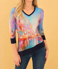 Dolcezza - City Print Asymmetric Hem Quarter Sleeve Top