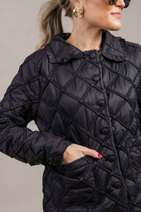 Doe and Rae Ruffle Collar Quilted Jacket in black - women's jacket - detail view