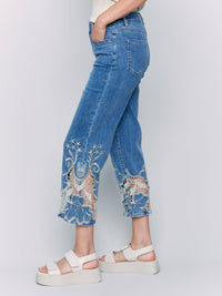 Charlie B - Crop Flare Leg Jeans With Laser Cut Lace Hem