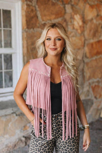 Lucky & Blessed - Suede Fringe Vest With Buck-stitch Detail