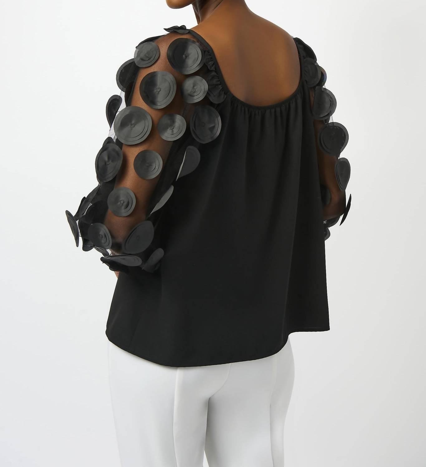 Joseph Ribkoff Silky Knit Dot Sleeves Top in black - women's long sleeve top - detail view